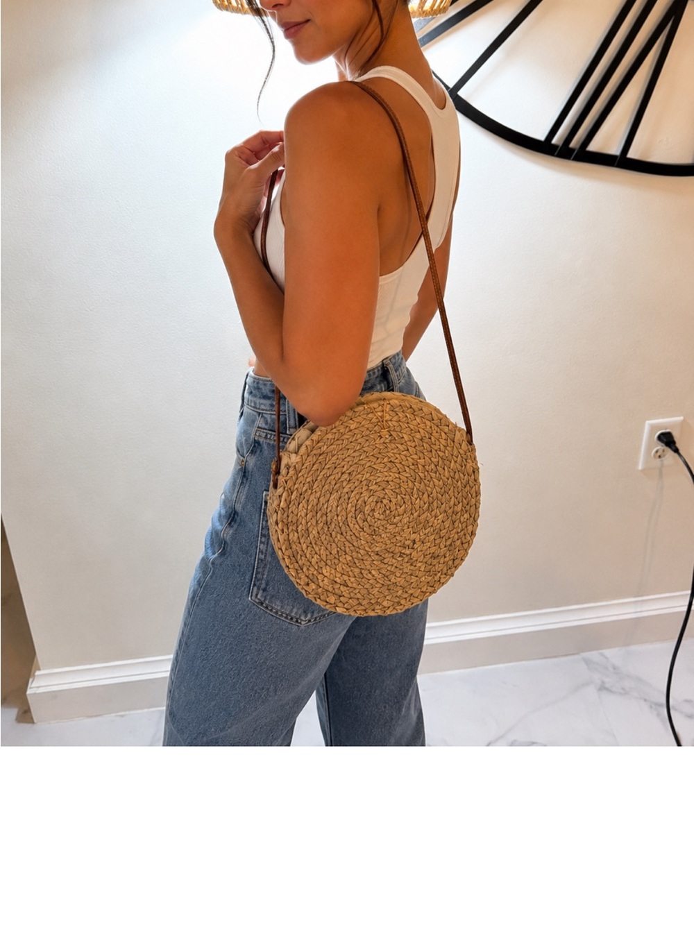 SHEIN Natural Woven Round Crossbody Bag with Brown Strap